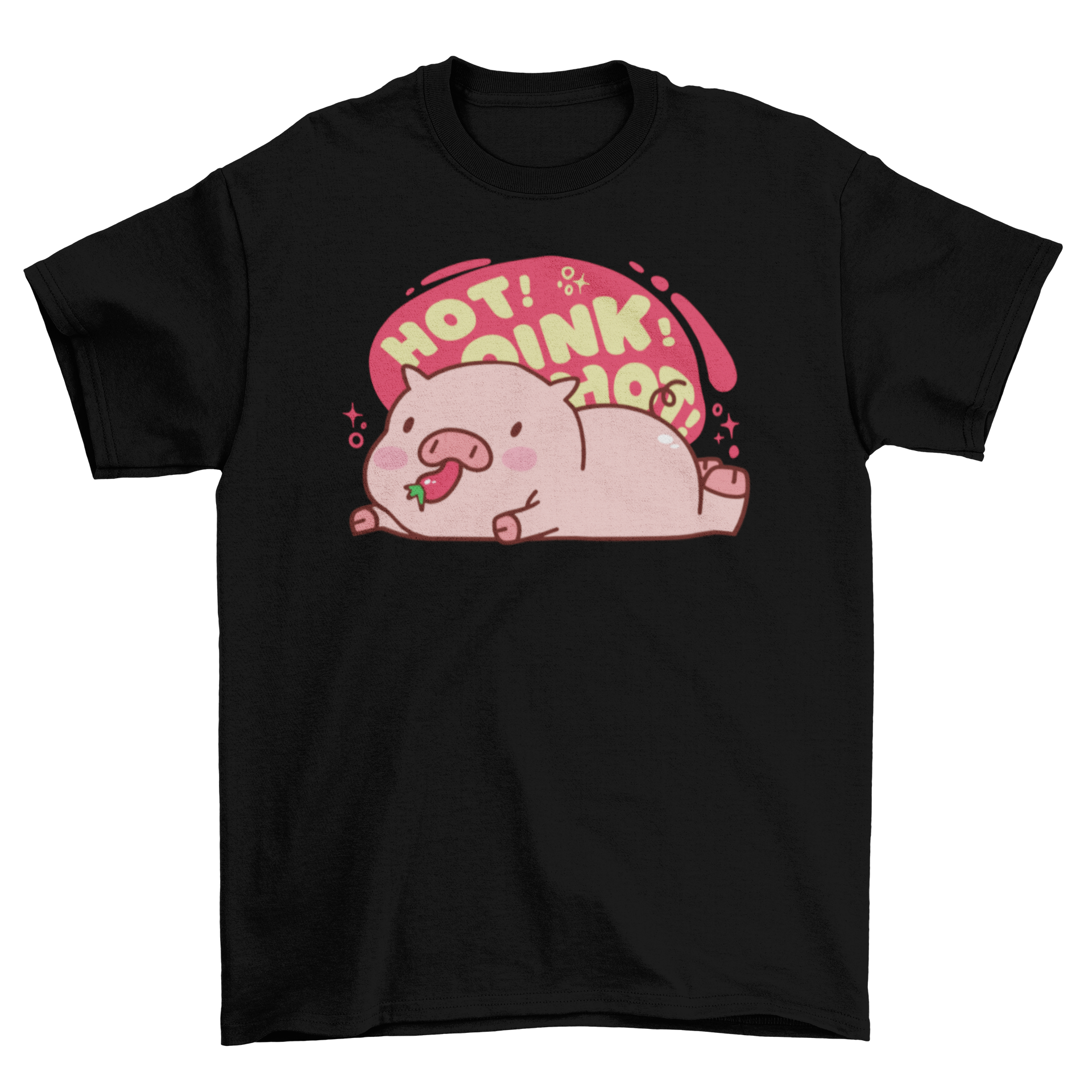 Cute t-shirt featuring a pig eating a pepper with the quote 'Hot oink'.