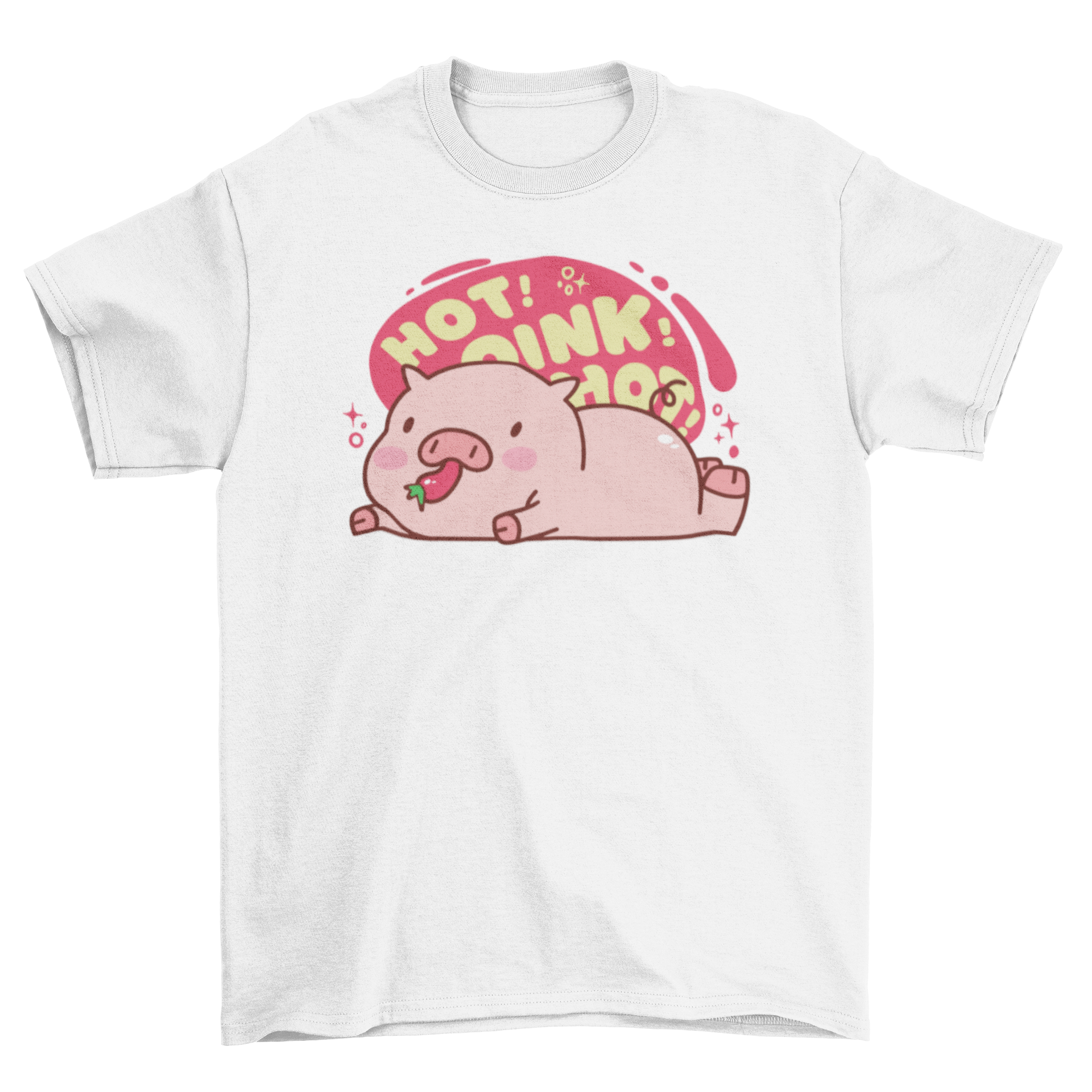 Cute t-shirt featuring a pig eating a pepper with the quote 'Hot oink'.