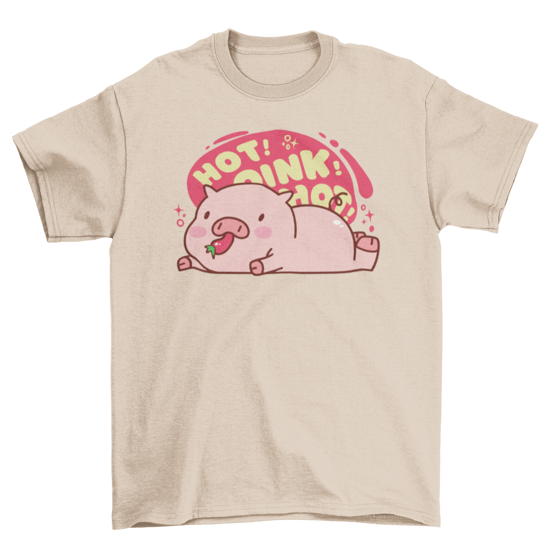 Cute t-shirt featuring a pig eating a pepper with the quote 'Hot oink'.