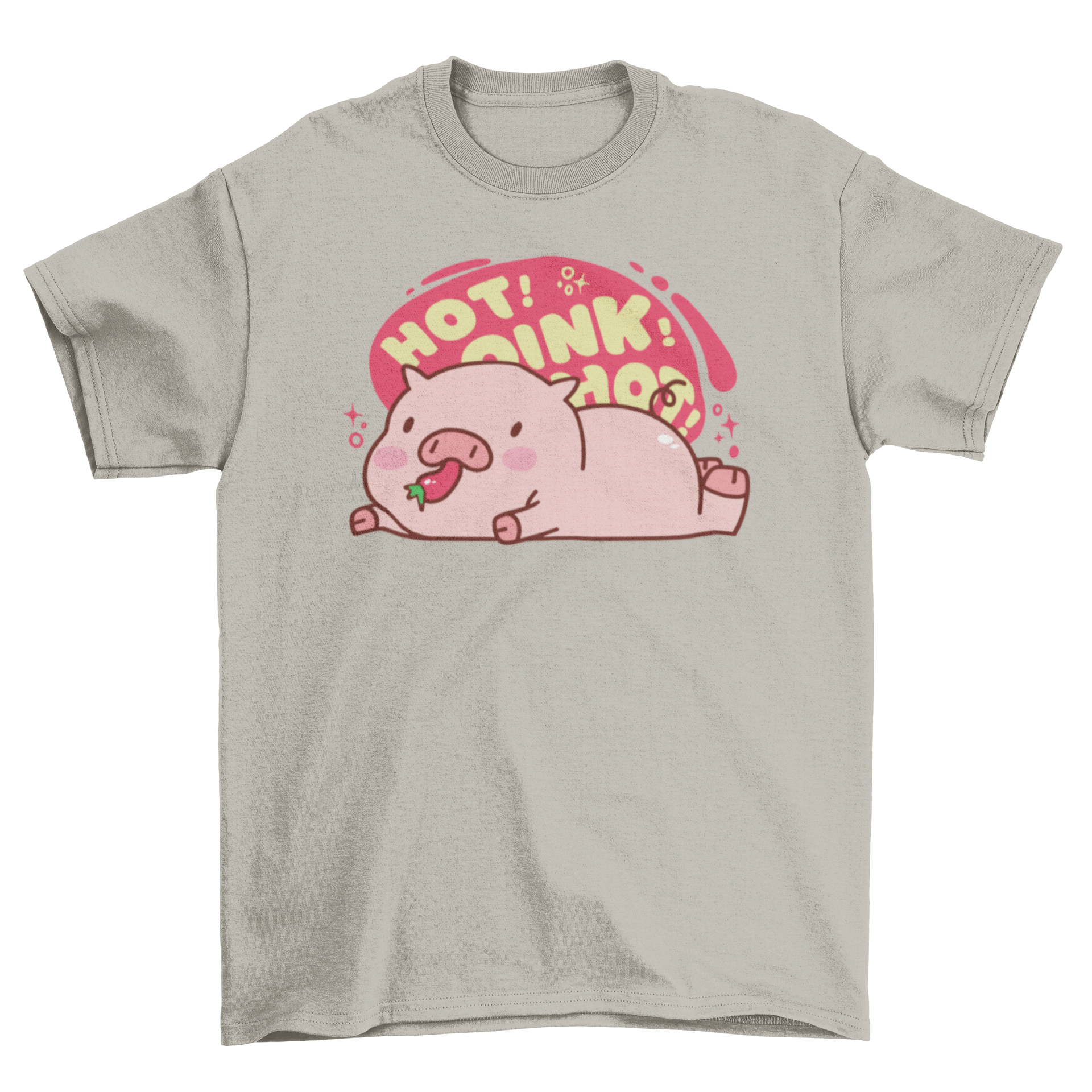 Cute t-shirt featuring a pig eating a pepper with the quote 'Hot oink'.