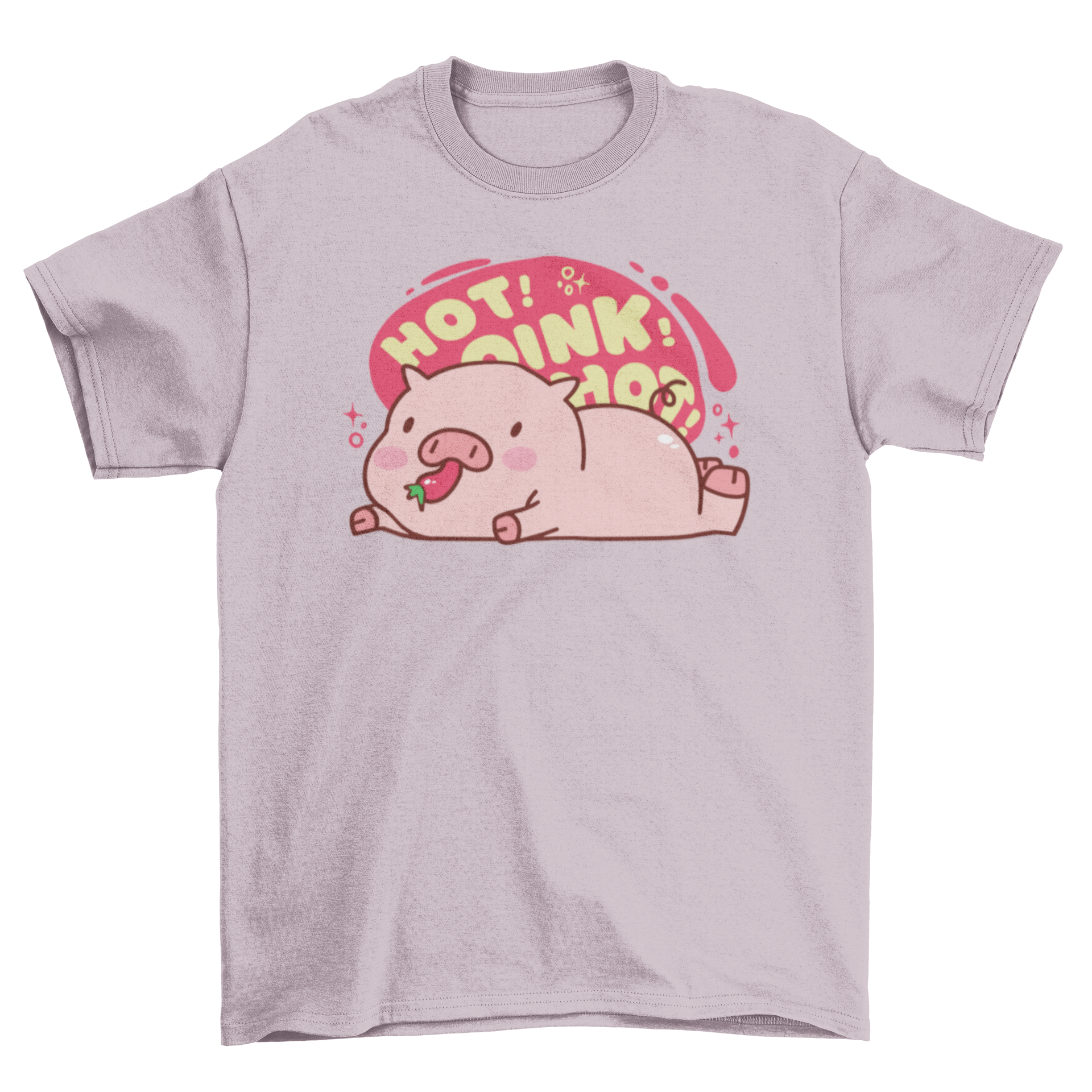 Cute t-shirt featuring a pig eating a pepper with the quote 'Hot oink'.