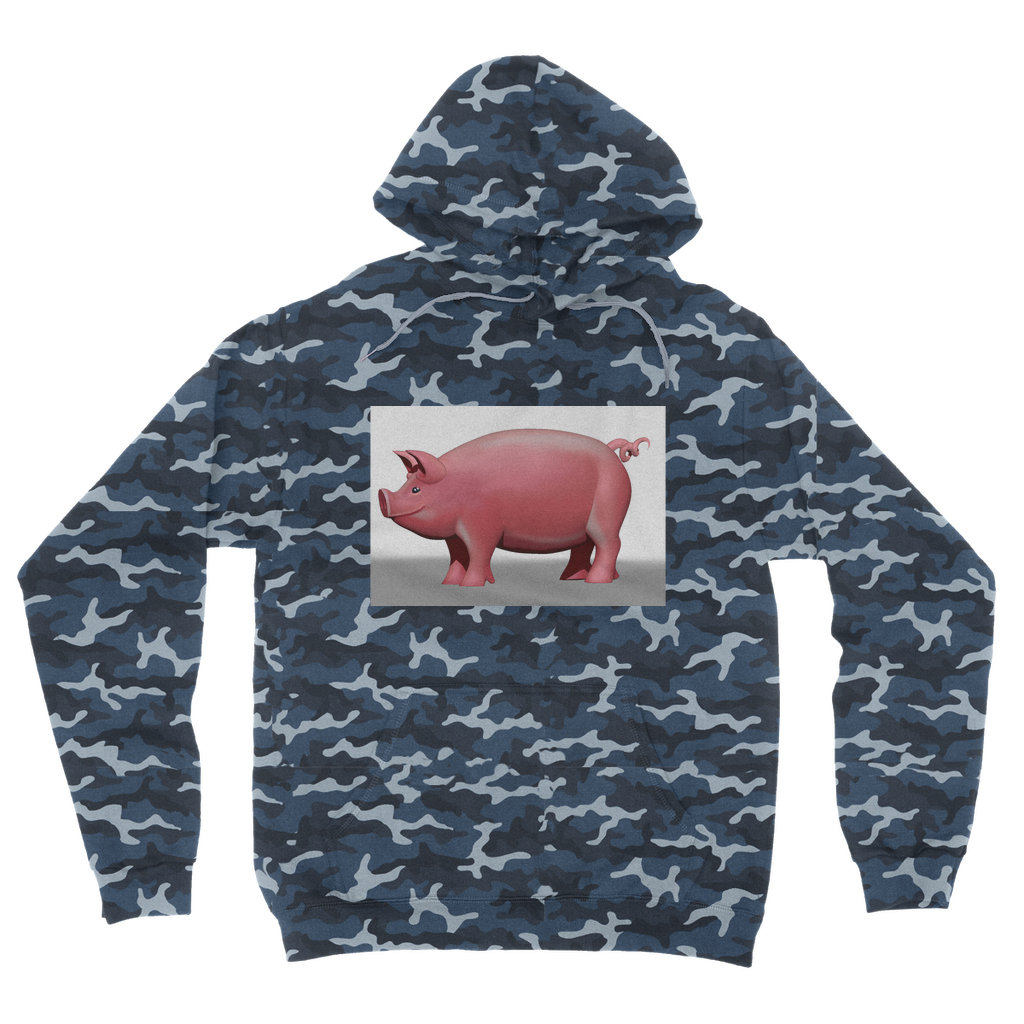 Pig Camouflage Adult Hoodie featuring an all-over camo design, double fabric hood, and kangaroo pouch pocket, perfect for casual wear.