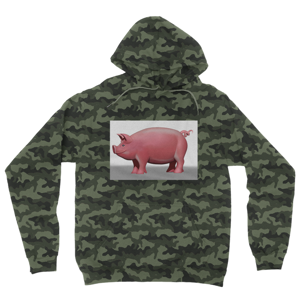 Pig Camouflage Adult Hoodie featuring an all-over camo design, double fabric hood, and kangaroo pouch pocket, perfect for casual wear.