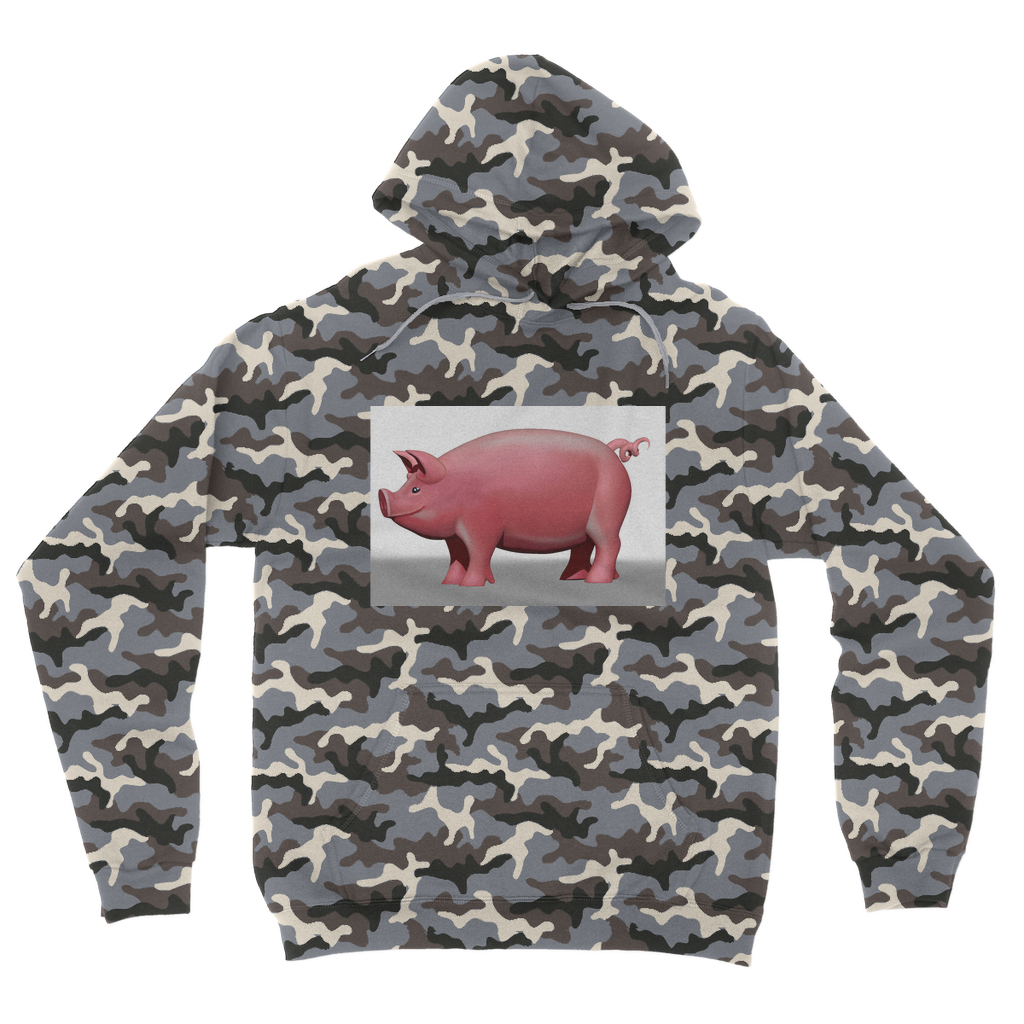 Pig Camouflage Adult Hoodie featuring an all-over camo design, double fabric hood, and kangaroo pouch pocket, perfect for casual wear.