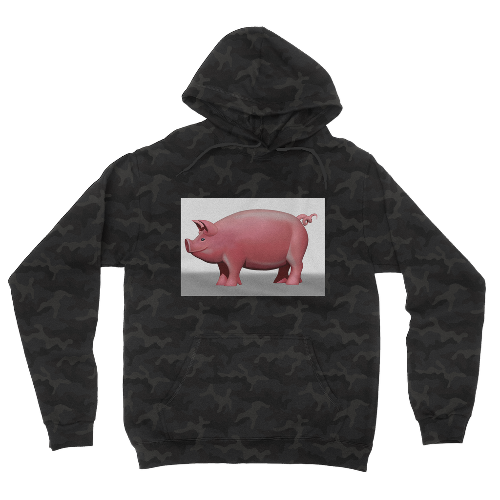 Pig Camouflage Adult Hoodie featuring an all-over camo design, double fabric hood, and kangaroo pouch pocket, perfect for casual wear.