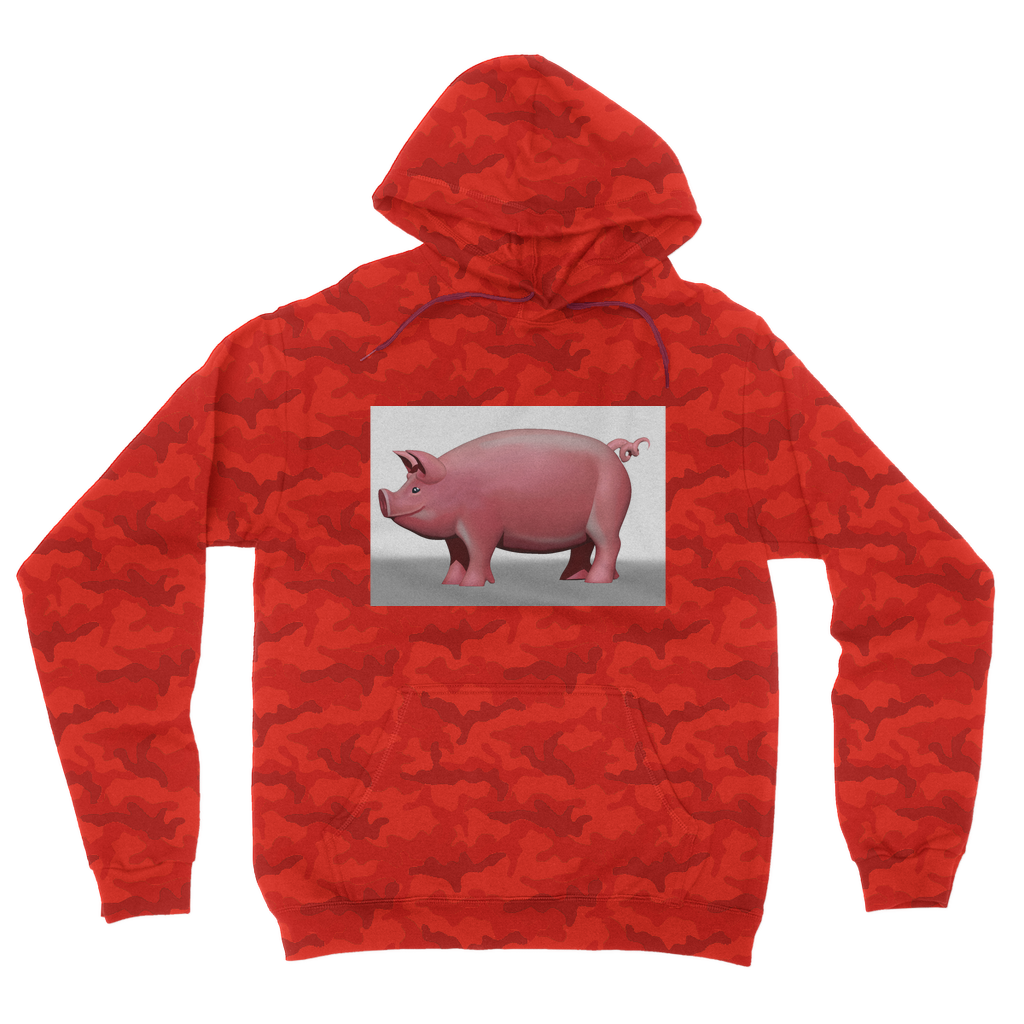 Pig Camouflage Adult Hoodie featuring an all-over camo design, double fabric hood, and kangaroo pouch pocket, perfect for casual wear.