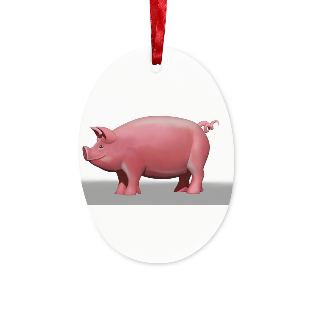 A charming pig ceramic hanging ornament with a red ribbon and gold string, perfect for Christmas decoration.