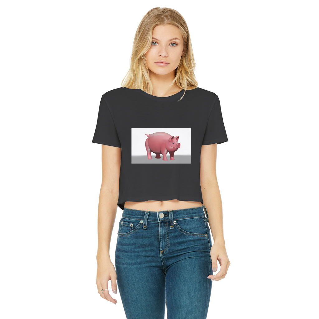 Pig Classic Women's Cropped Raw Edge T-Shirt featuring a round neck, short sleeves, and a stylish raw edge cut hem in various colors.