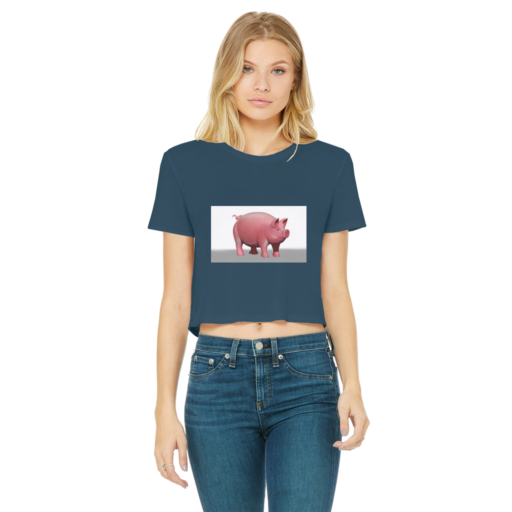 Pig Classic Women's Cropped Raw Edge T-Shirt featuring a round neck, short sleeves, and a stylish raw edge cut hem in various colors.