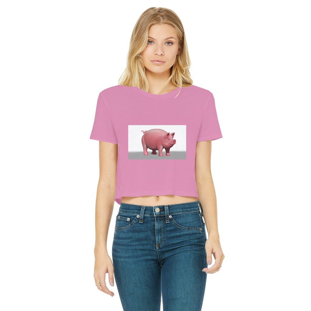 Pig Classic Women's Cropped Raw Edge T-Shirt featuring a round neck, short sleeves, and a stylish raw edge cut hem in various colors.