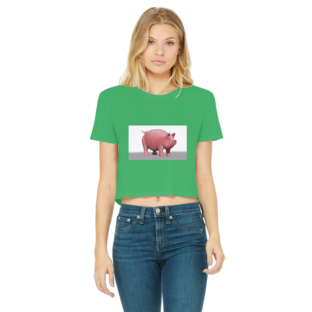 Pig Classic Women's Cropped Raw Edge T-Shirt featuring a round neck, short sleeves, and a stylish raw edge cut hem in various colors.