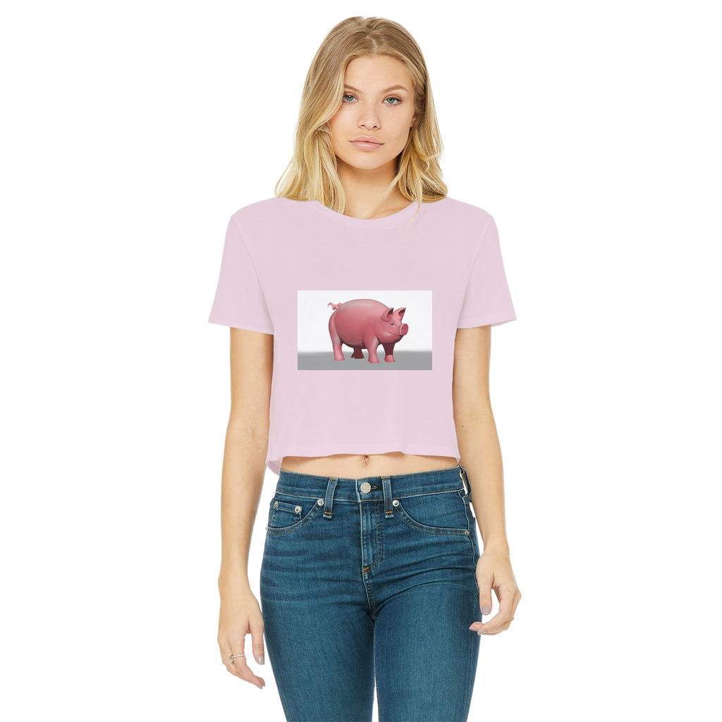 Pig Classic Women's Cropped Raw Edge T-Shirt featuring a round neck, short sleeves, and a stylish raw edge cut hem in various colors.