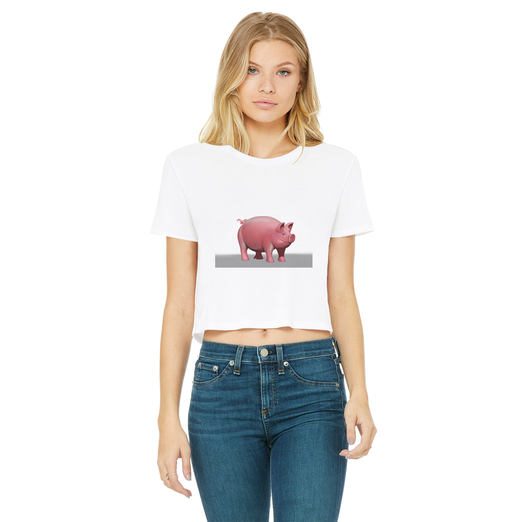 Pig Classic Women's Cropped Raw Edge T-Shirt featuring a round neck, short sleeves, and a stylish raw edge cut hem in various colors.