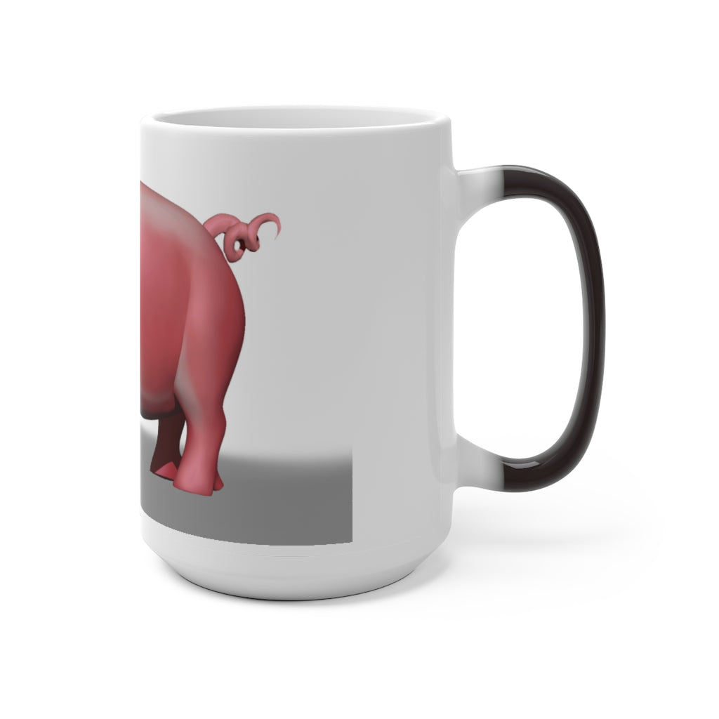 A whimsical pig color changing mug showcasing its vibrant design and color transformation when filled with hot liquid.