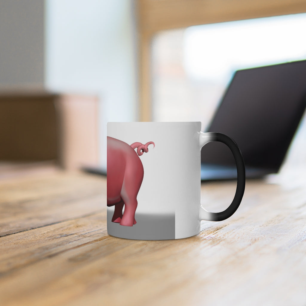 A whimsical pig color changing mug showcasing its vibrant design and color transformation when filled with hot liquid.