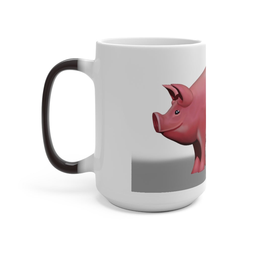 A whimsical pig color changing mug showcasing its vibrant design and color transformation when filled with hot liquid.