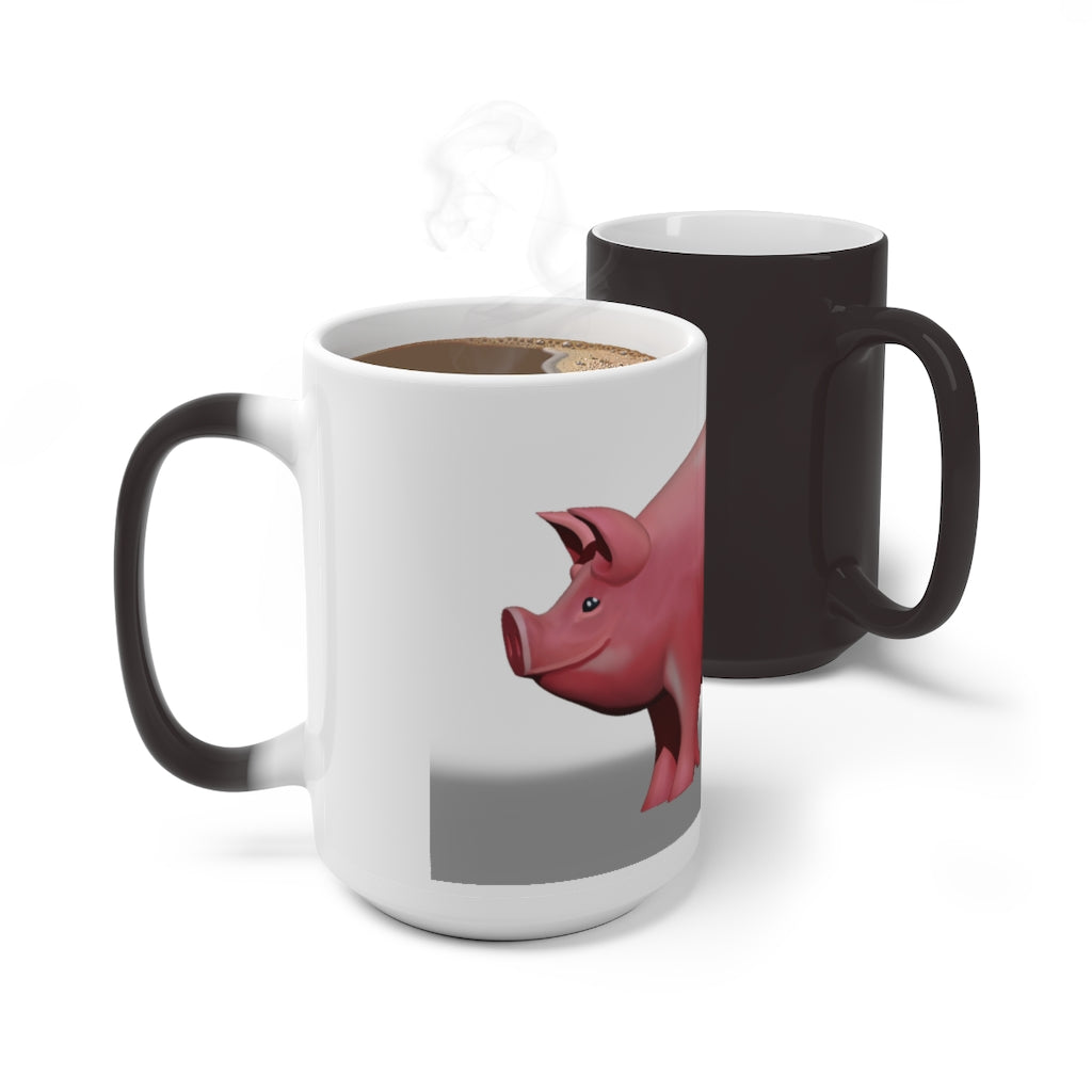 A whimsical pig color changing mug showcasing its vibrant design and color transformation when filled with hot liquid.