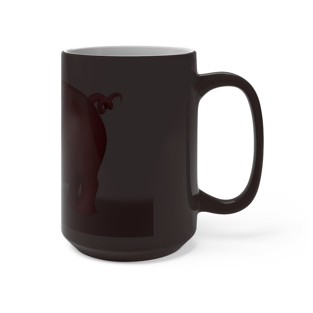 A whimsical pig color changing mug showcasing its vibrant design and color transformation when filled with hot liquid.