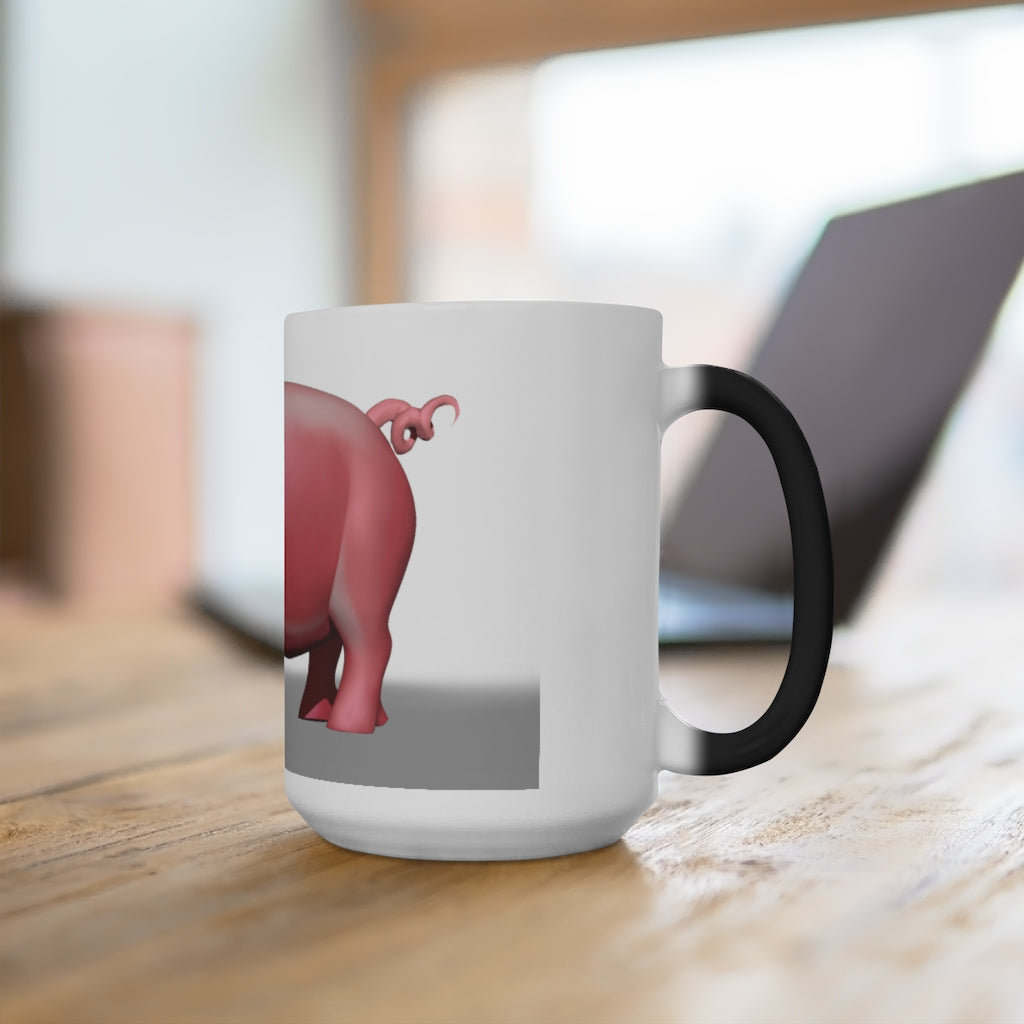 A whimsical pig color changing mug showcasing its vibrant design and color transformation when filled with hot liquid.