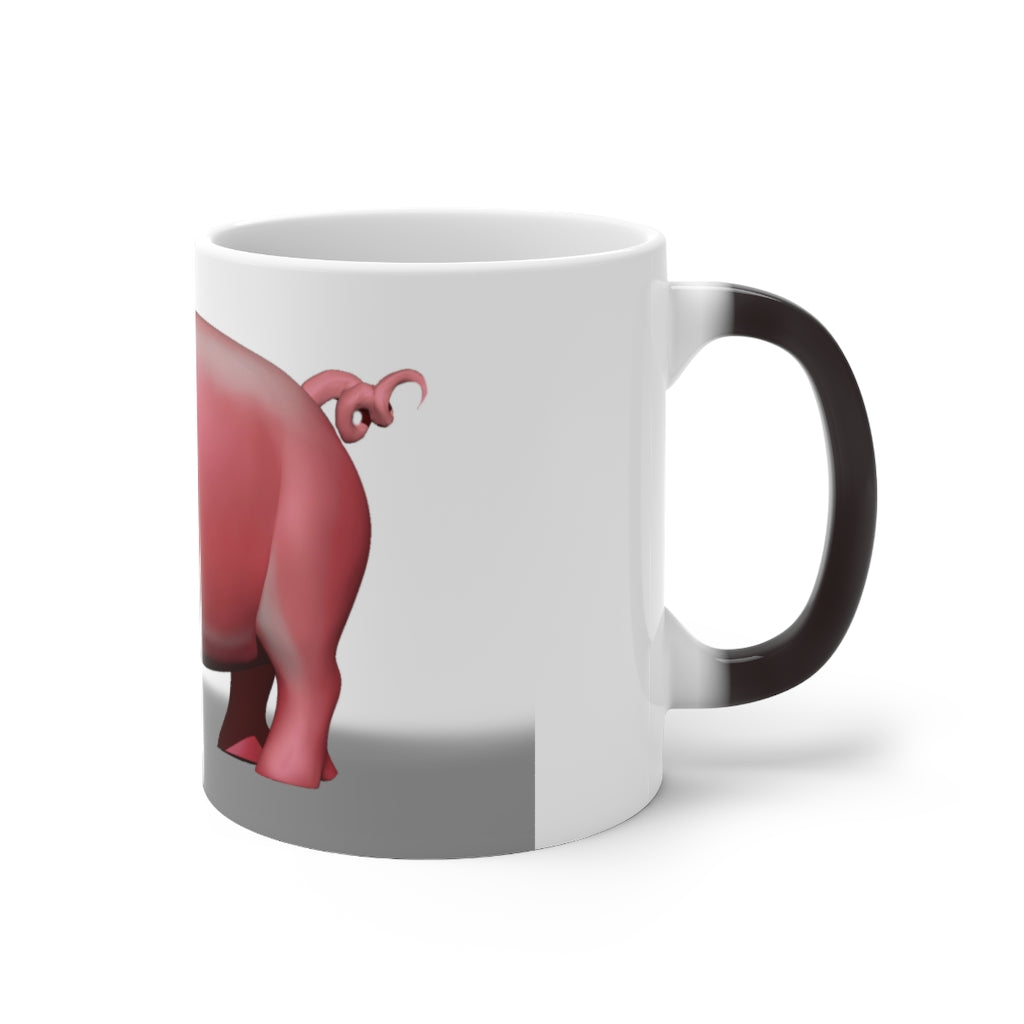 A whimsical pig color changing mug showcasing its vibrant design and color transformation when filled with hot liquid.