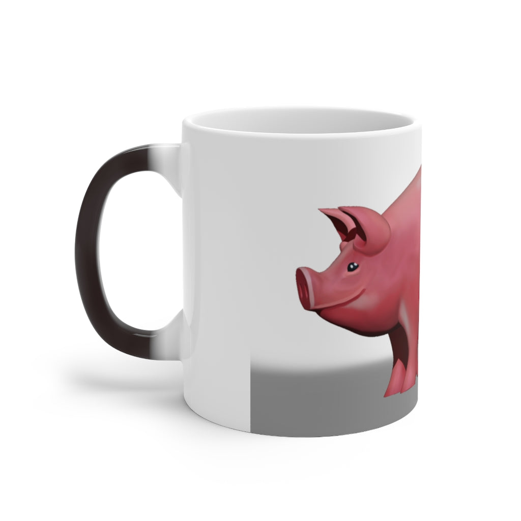 A whimsical pig color changing mug showcasing its vibrant design and color transformation when filled with hot liquid.