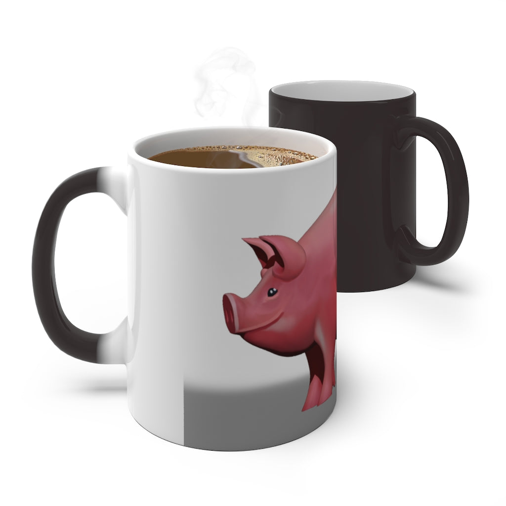 A whimsical pig color changing mug showcasing its vibrant design and color transformation when filled with hot liquid.