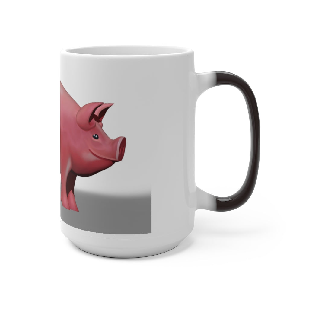 A whimsical pig color changing mug showcasing vibrant colors when filled with hot liquid, perfect for warm beverages.