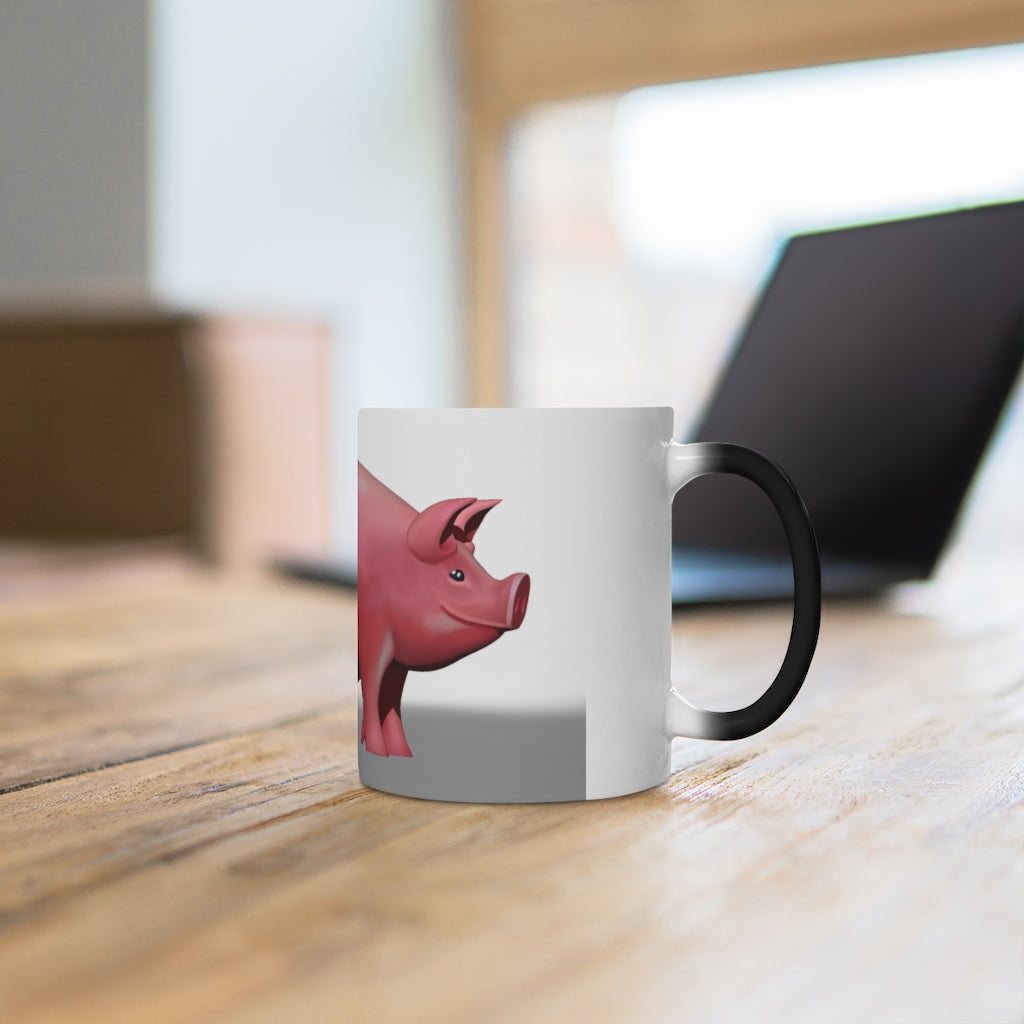 A whimsical pig color changing mug showcasing vibrant colors when filled with hot liquid, perfect for warm beverages.