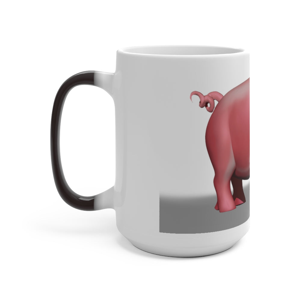 A whimsical pig color changing mug showcasing vibrant colors when filled with hot liquid, perfect for warm beverages.