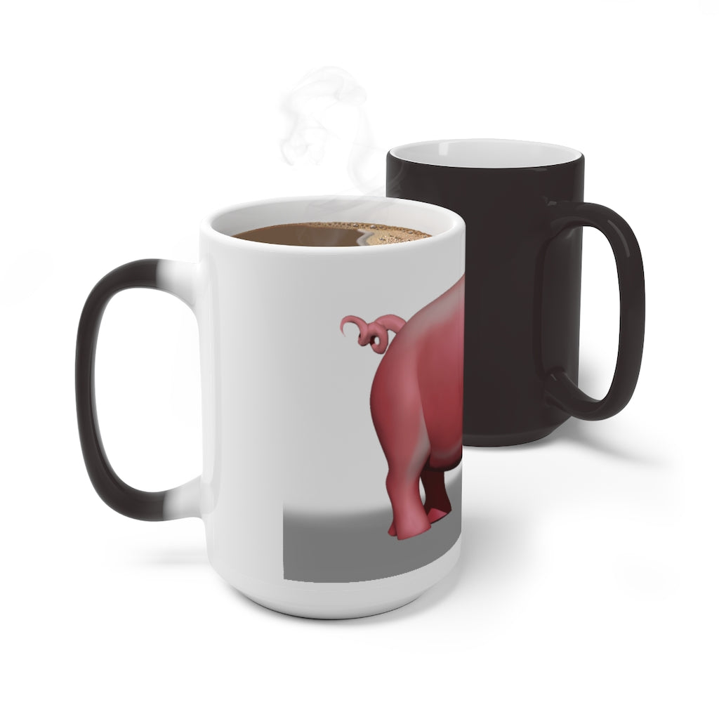 A whimsical pig color changing mug showcasing vibrant colors when filled with hot liquid, perfect for warm beverages.