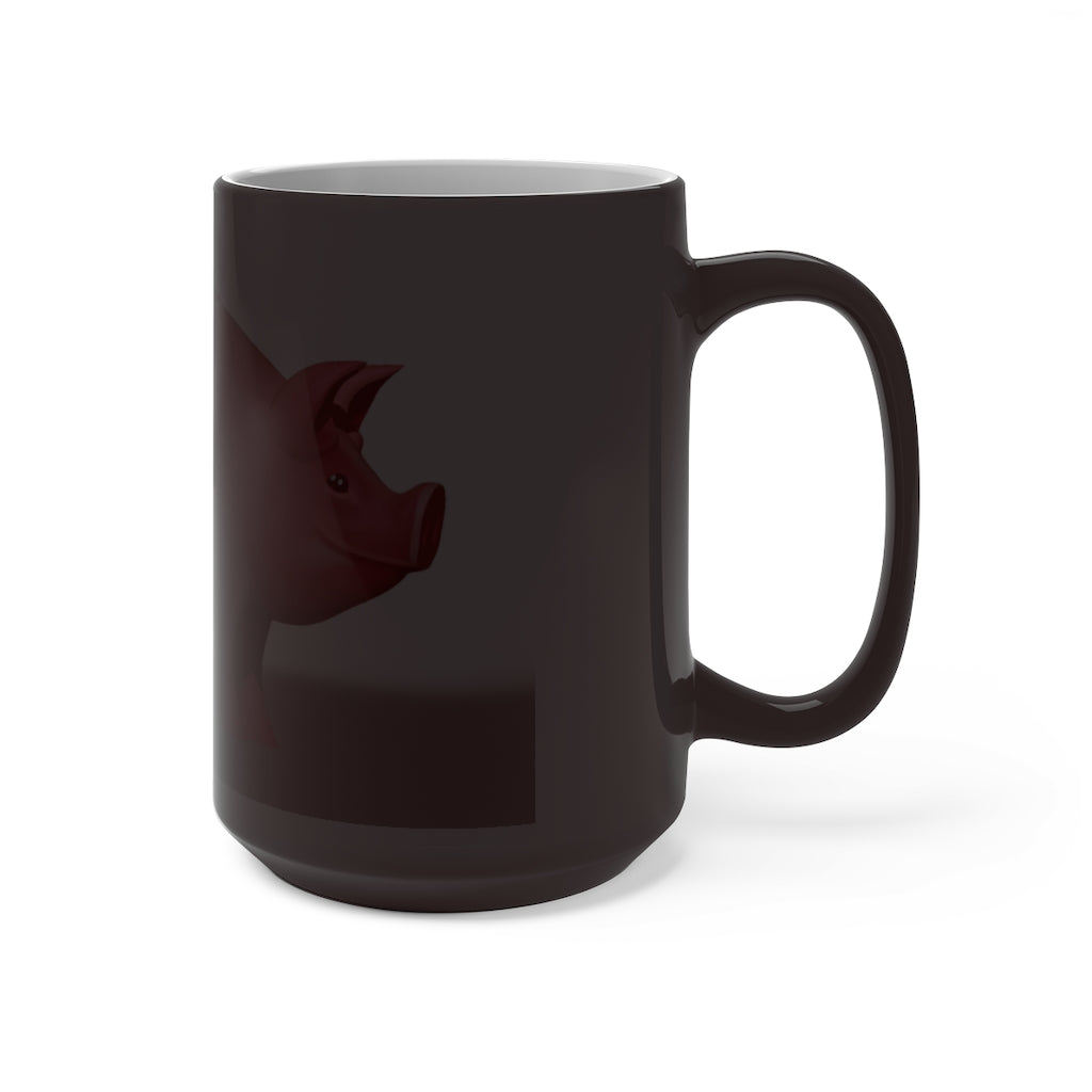 A whimsical pig color changing mug showcasing vibrant colors when filled with hot liquid, perfect for warm beverages.