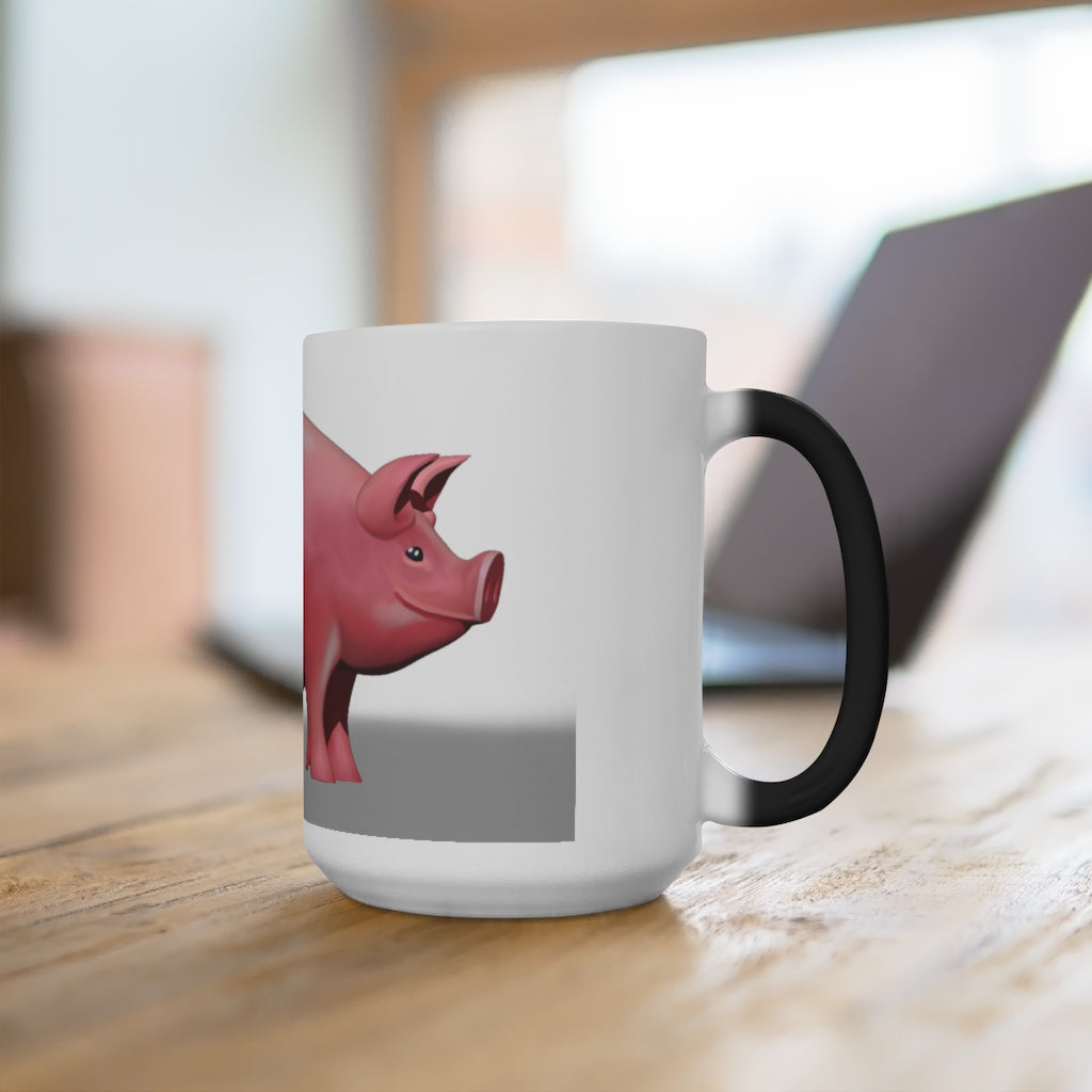 A whimsical pig color changing mug showcasing vibrant colors when filled with hot liquid, perfect for warm beverages.