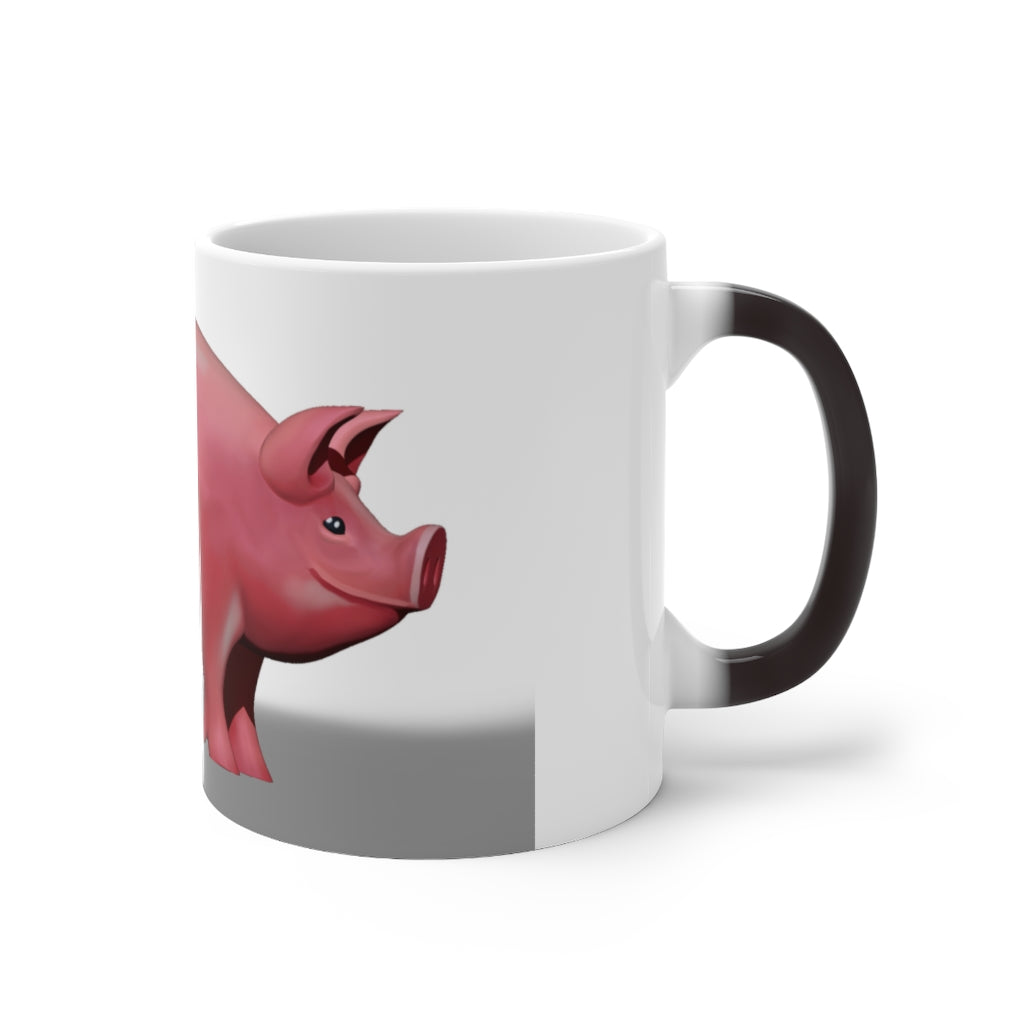 A whimsical pig color changing mug showcasing vibrant colors when filled with hot liquid, perfect for warm beverages.