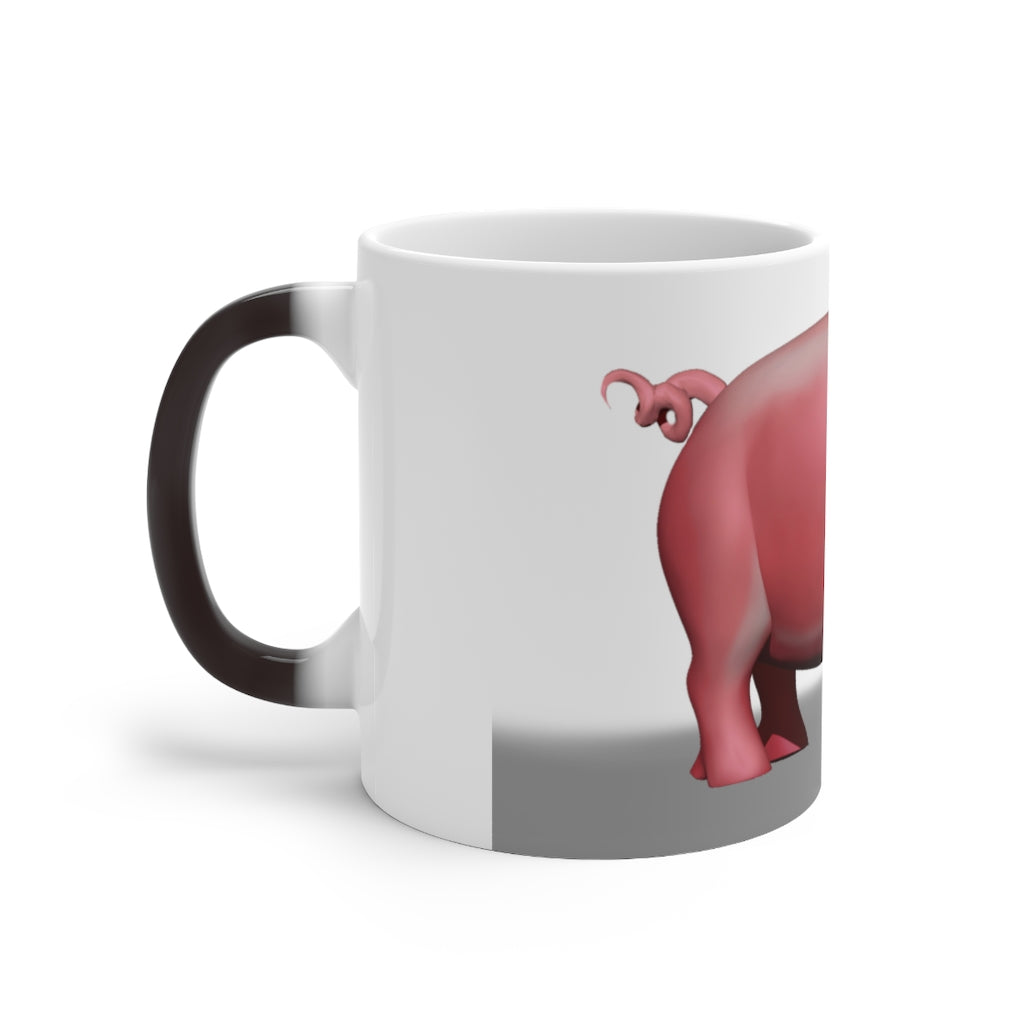 A whimsical pig color changing mug showcasing vibrant colors when filled with hot liquid, perfect for warm beverages.