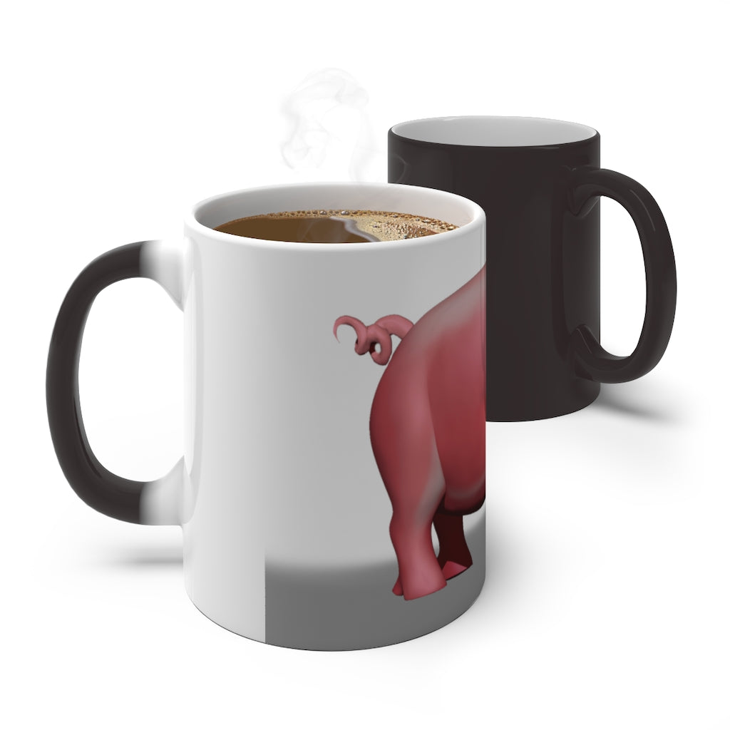 A whimsical pig color changing mug showcasing vibrant colors when filled with hot liquid, perfect for warm beverages.