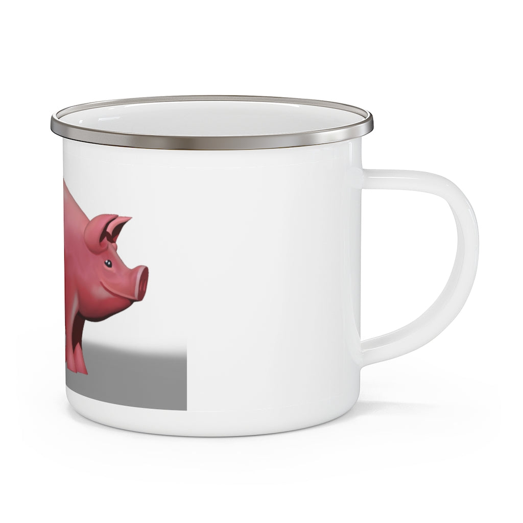 A stylish Pig Enamel Camping Mug featuring a pig design, perfect for outdoor adventures and personalized printing.