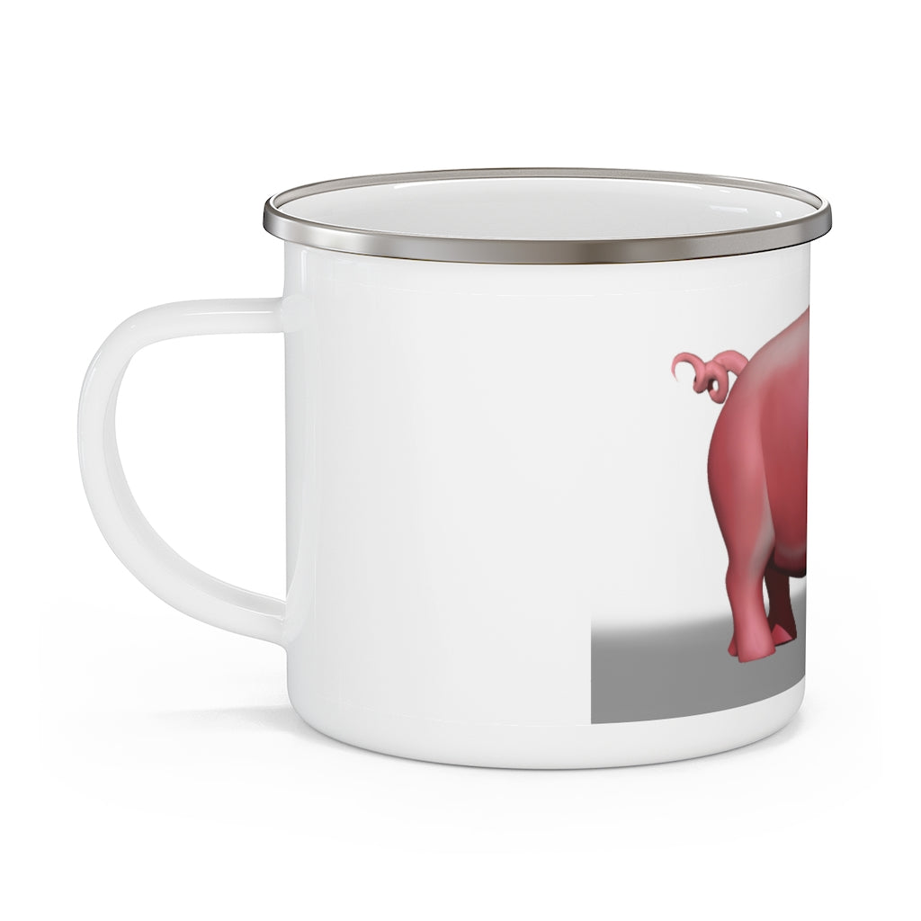 A stylish Pig Enamel Camping Mug featuring a pig design, perfect for outdoor adventures and personalized printing.