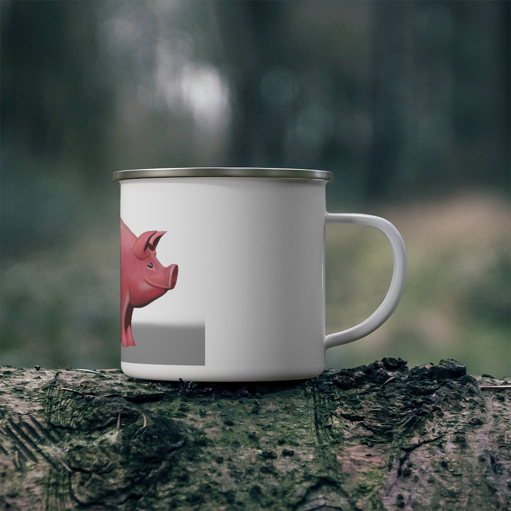 A stylish Pig Enamel Camping Mug featuring a pig design, perfect for outdoor adventures and personalized printing.