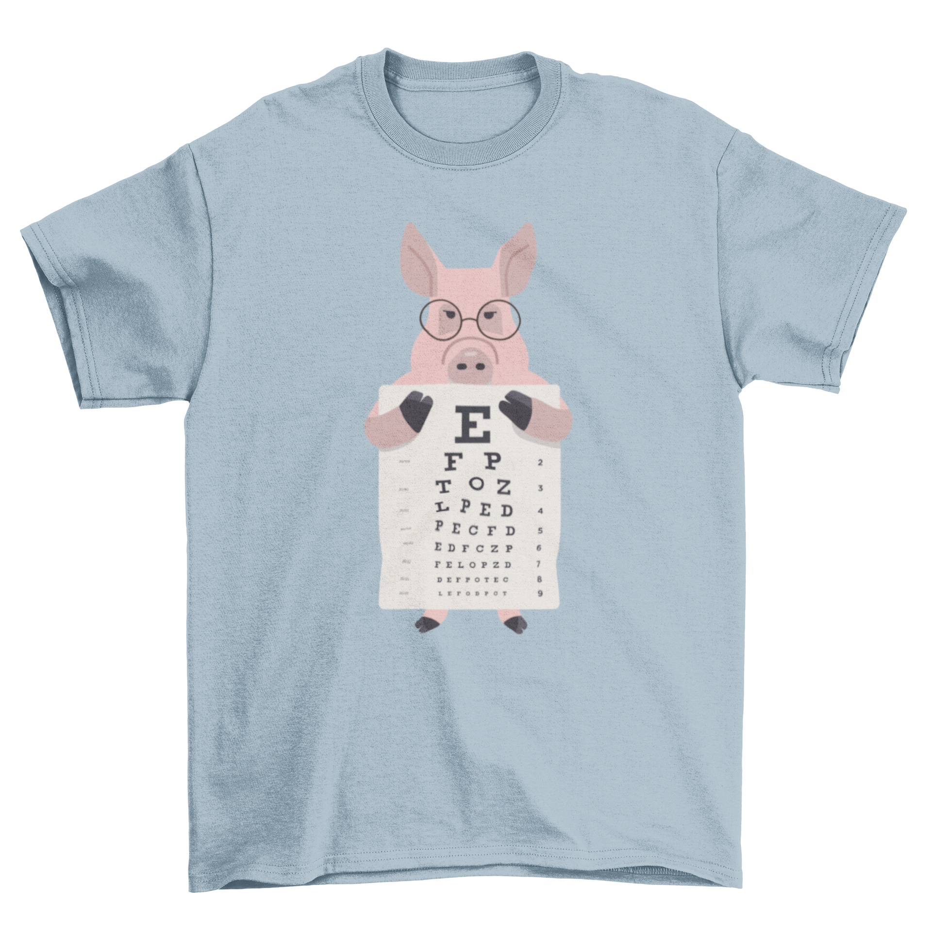 A playful t-shirt featuring a pig wearing glasses and holding an eye chart, showcasing a fun and quirky design.