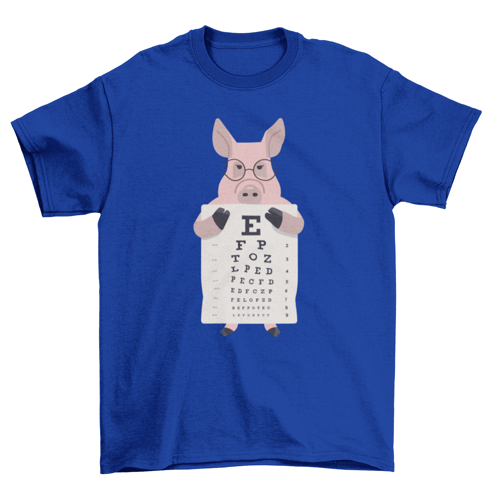 A playful t-shirt featuring a pig wearing glasses and holding an eye chart, showcasing a fun and quirky design.