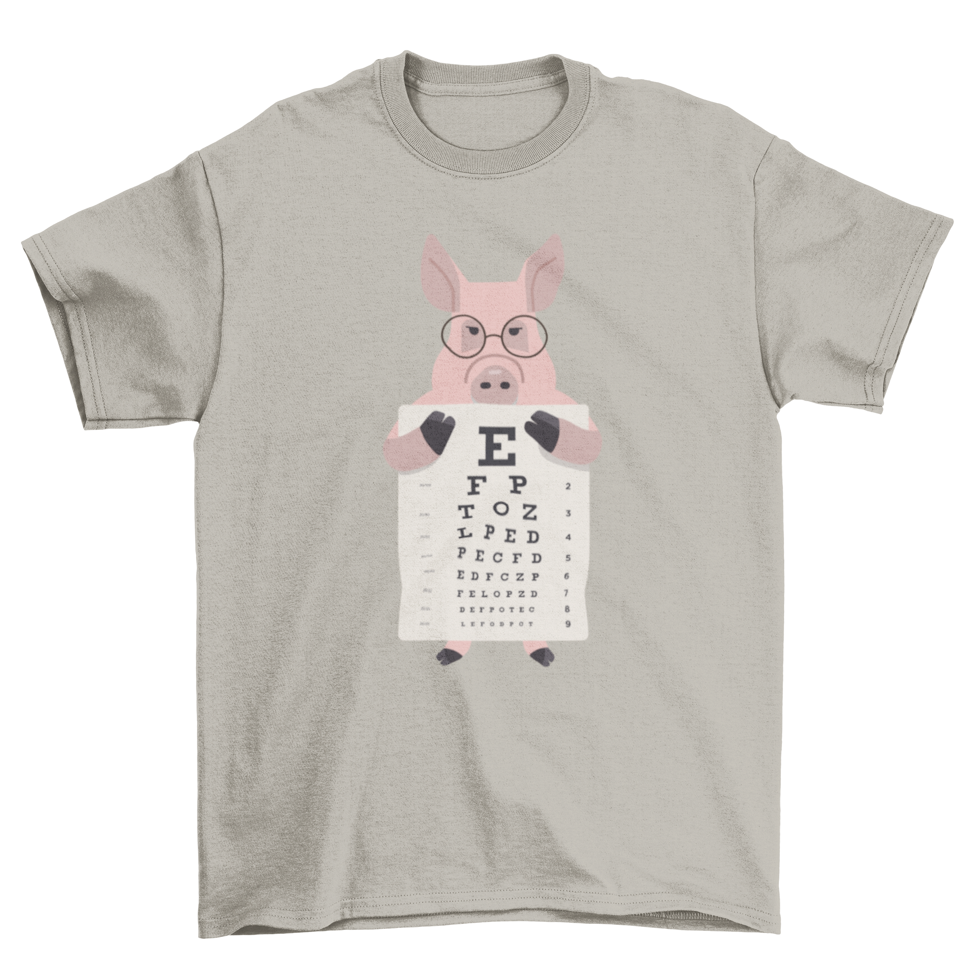 A playful t-shirt featuring a pig wearing glasses and holding an eye chart, showcasing a fun and quirky design.