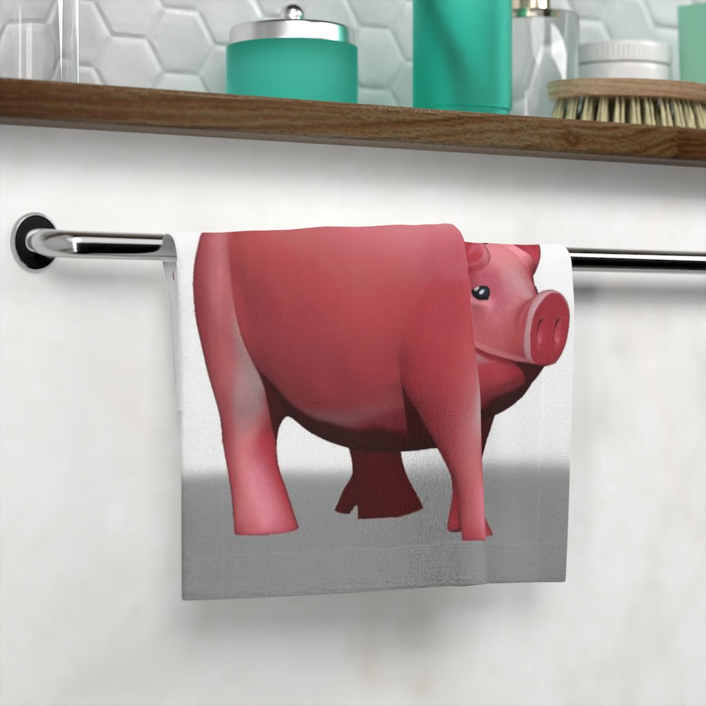 A colorful pig face towel featuring a vibrant design on a soft polyester front and absorbent cotton back, perfect for bathroom use.