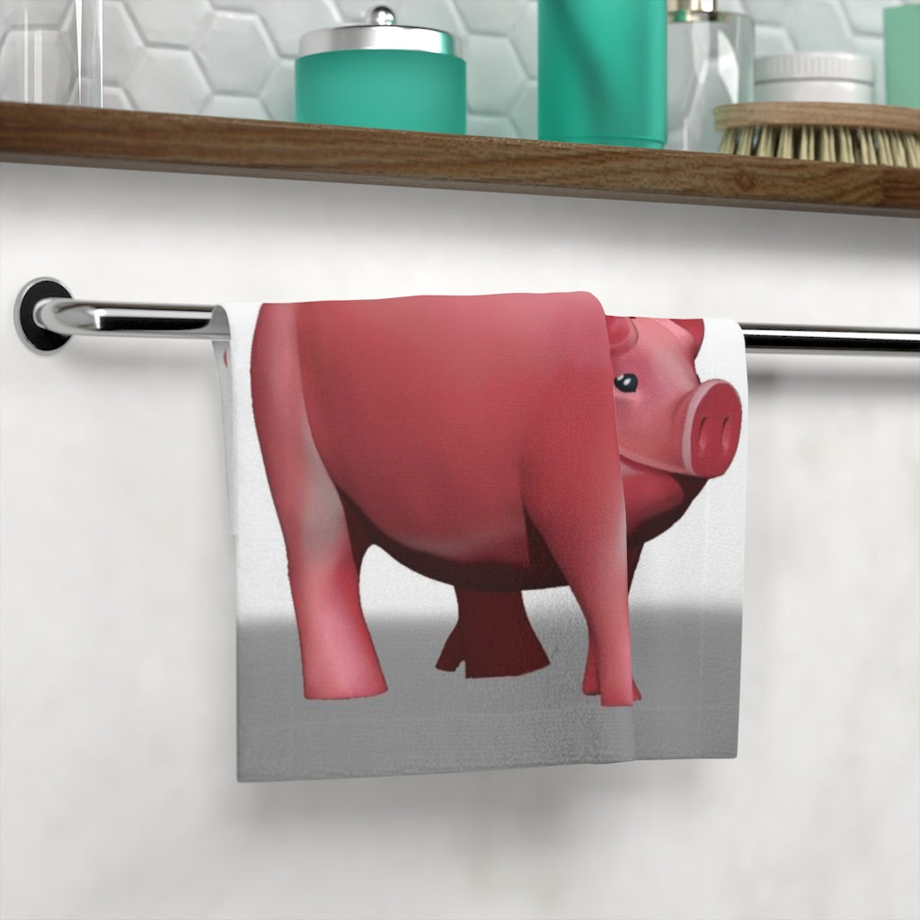 A colorful pig face towel featuring a vibrant design on a polyester front and soft cotton back, perfect for bathroom use.