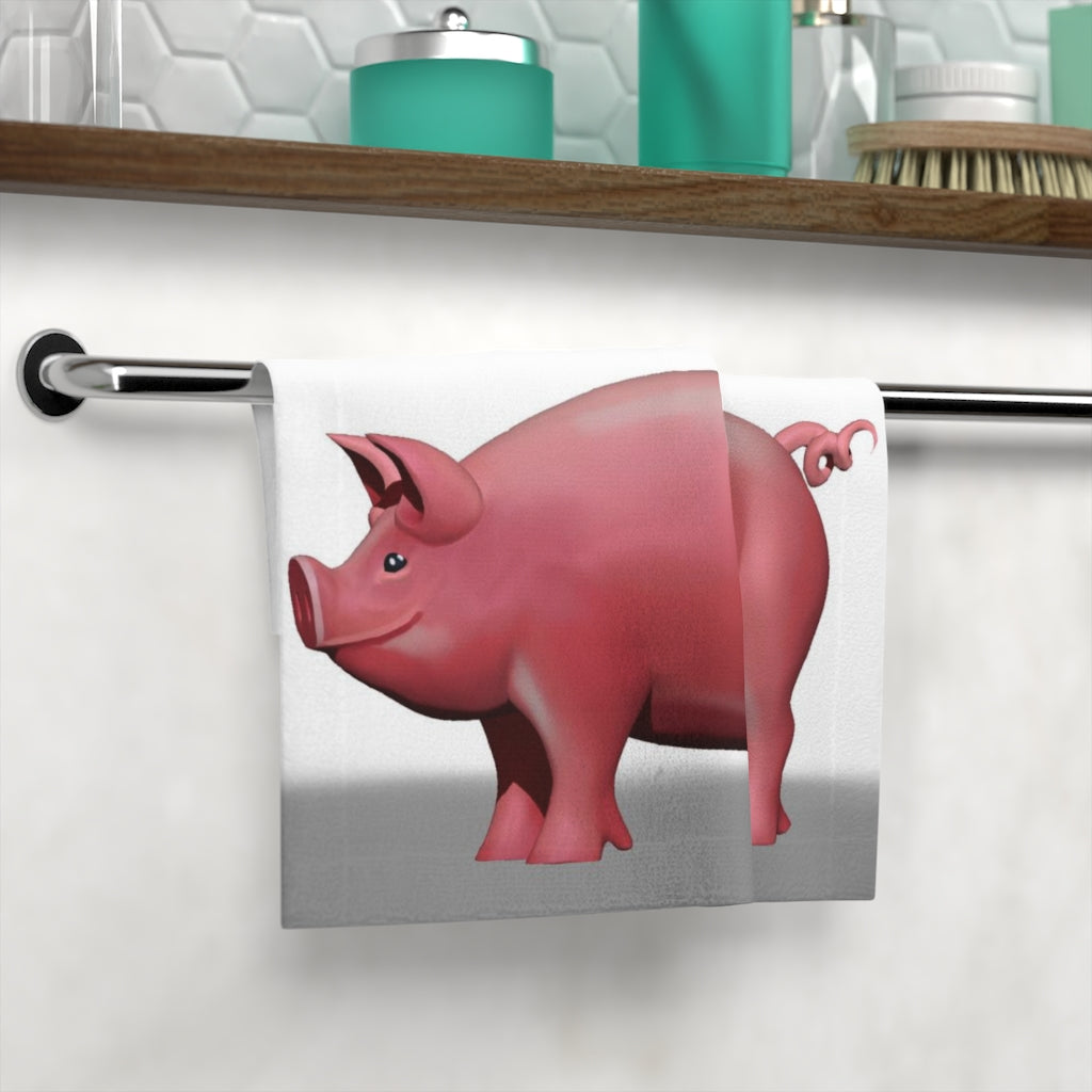 A colorful Pig Face Towel featuring a vibrant design on a polyester front and soft cotton back, perfect for personalizing your bathroom.