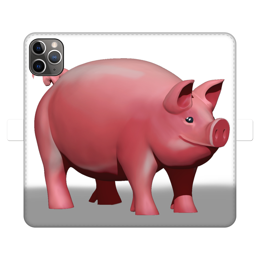 Pig Fully Printed Wallet Case featuring a vibrant pig design on a white faux leather exterior with a black interior for phone protection.