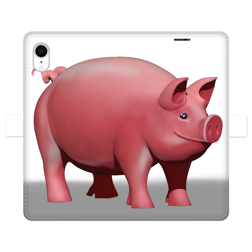 Pig Fully Printed Wallet Case featuring a vibrant pig design on a white faux leather exterior with a black interior for phone protection.