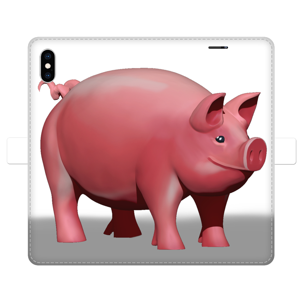 Pig Fully Printed Wallet Case featuring a vibrant pig design on a white faux leather exterior with a black interior for phone protection.