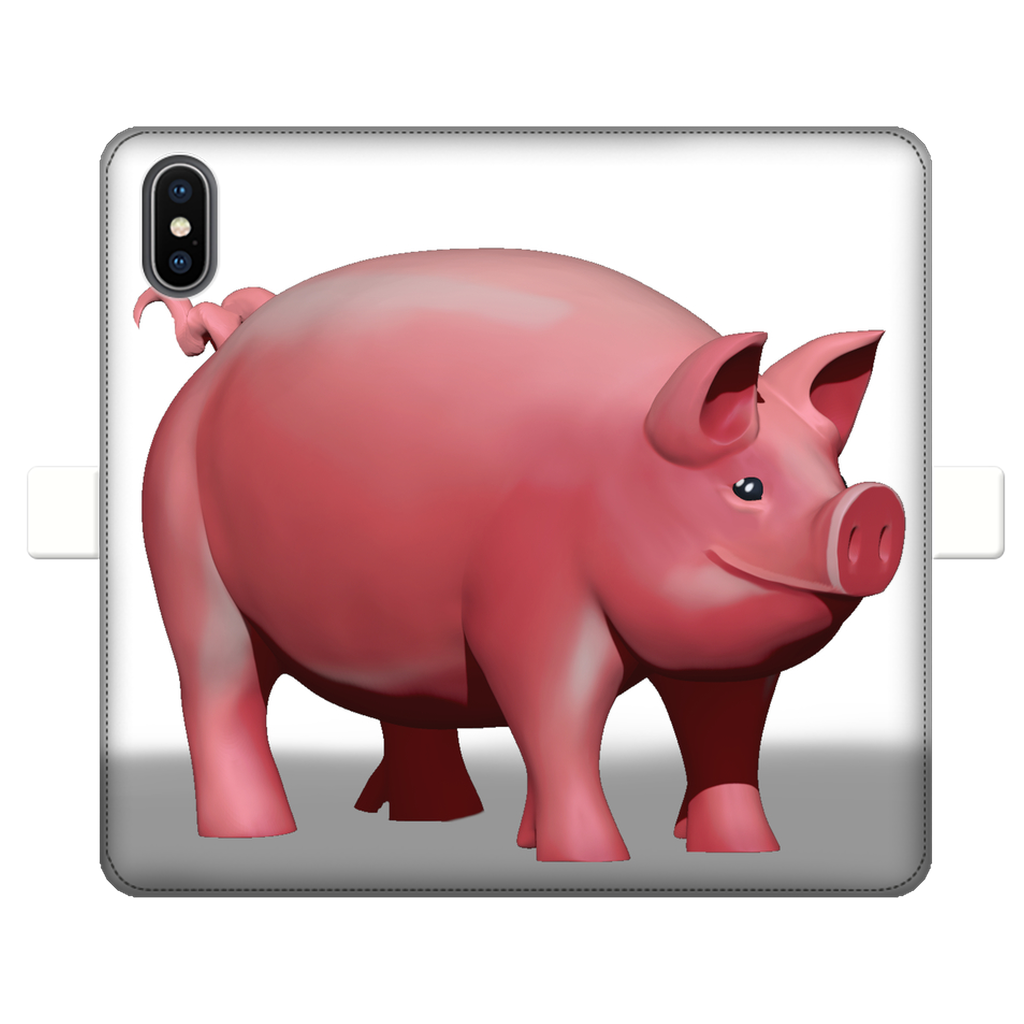 Pig Fully Printed Wallet Case featuring a vibrant pig design on a white faux leather exterior with a black interior for phone protection.