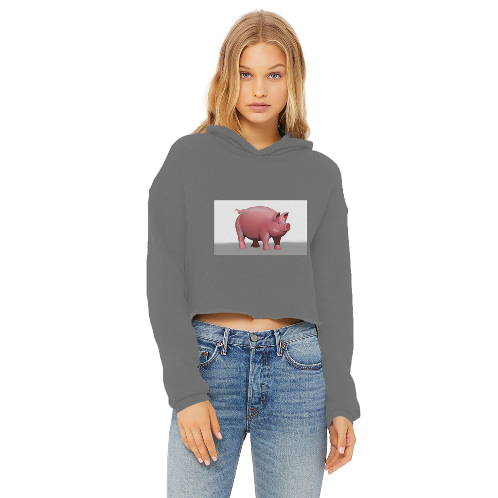 A stylish Pig Ladies Cropped Raw Edge Hoodie featuring a raw edge hem, double fabric hood, and ribbed cuffs, perfect for casual wear and customization.