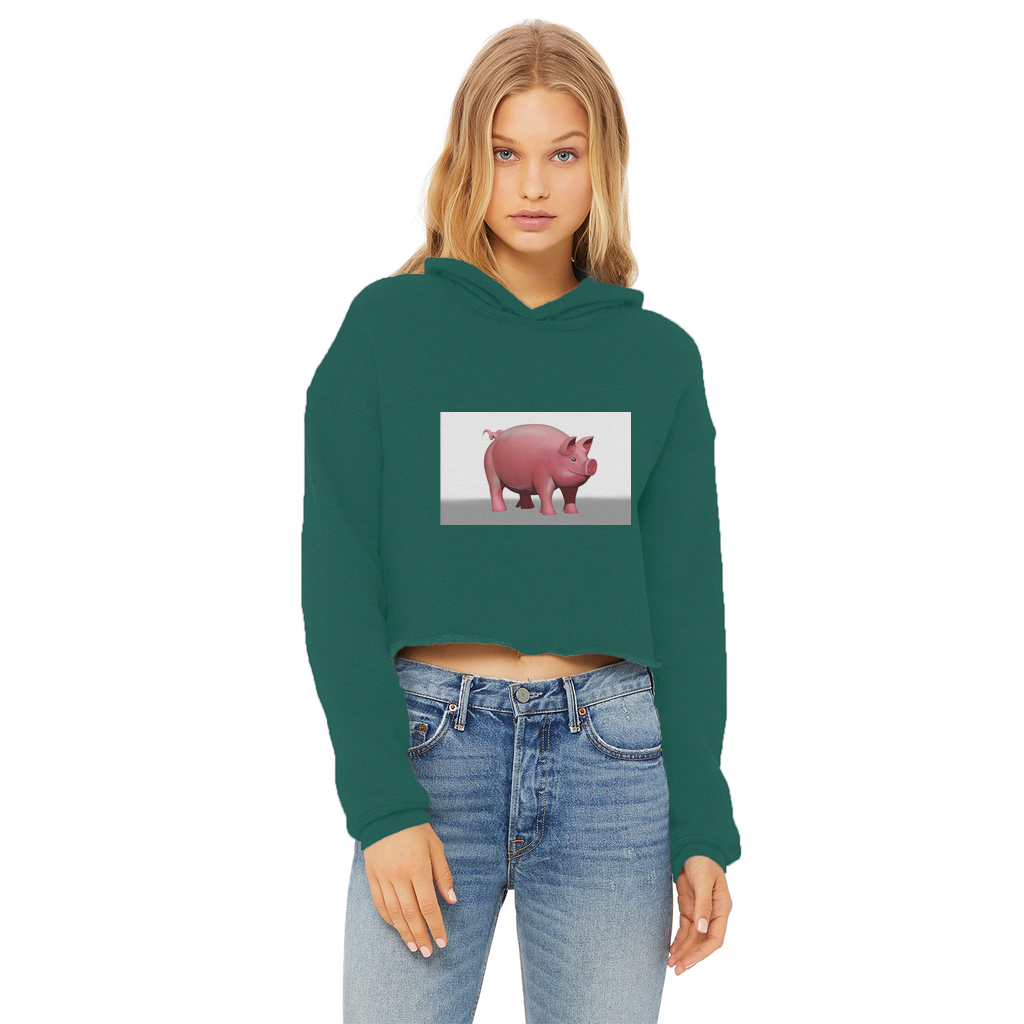 A stylish Pig Ladies Cropped Raw Edge Hoodie featuring a raw edge hem, double fabric hood, and ribbed cuffs, perfect for casual wear and customization.